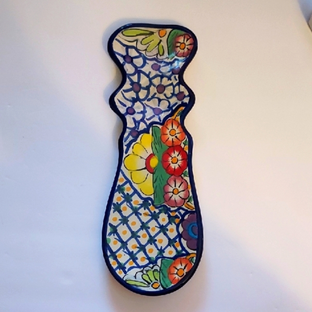 Talavera Pottery Spoon rest HANDPAINTED in Mexico Blue Floral Design
